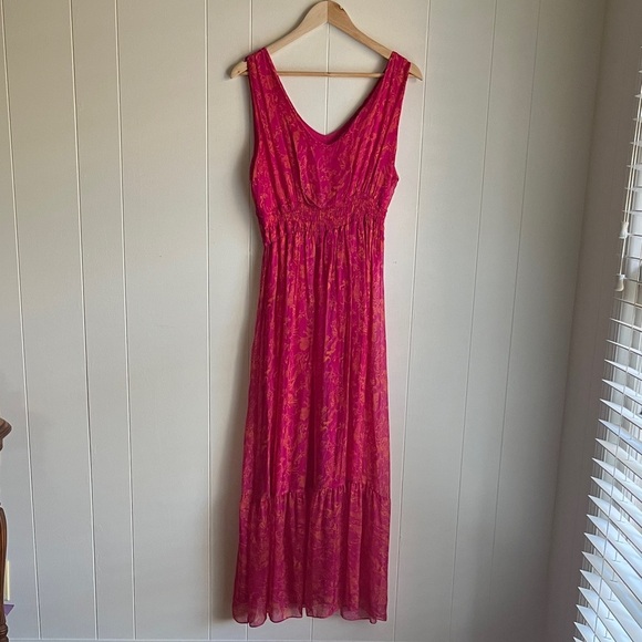 LARA Dresses & Skirts - LARA. G. Silk Vibrant Pink Orange Sleeveless Smocked V-Neck Boho Maxi Dress